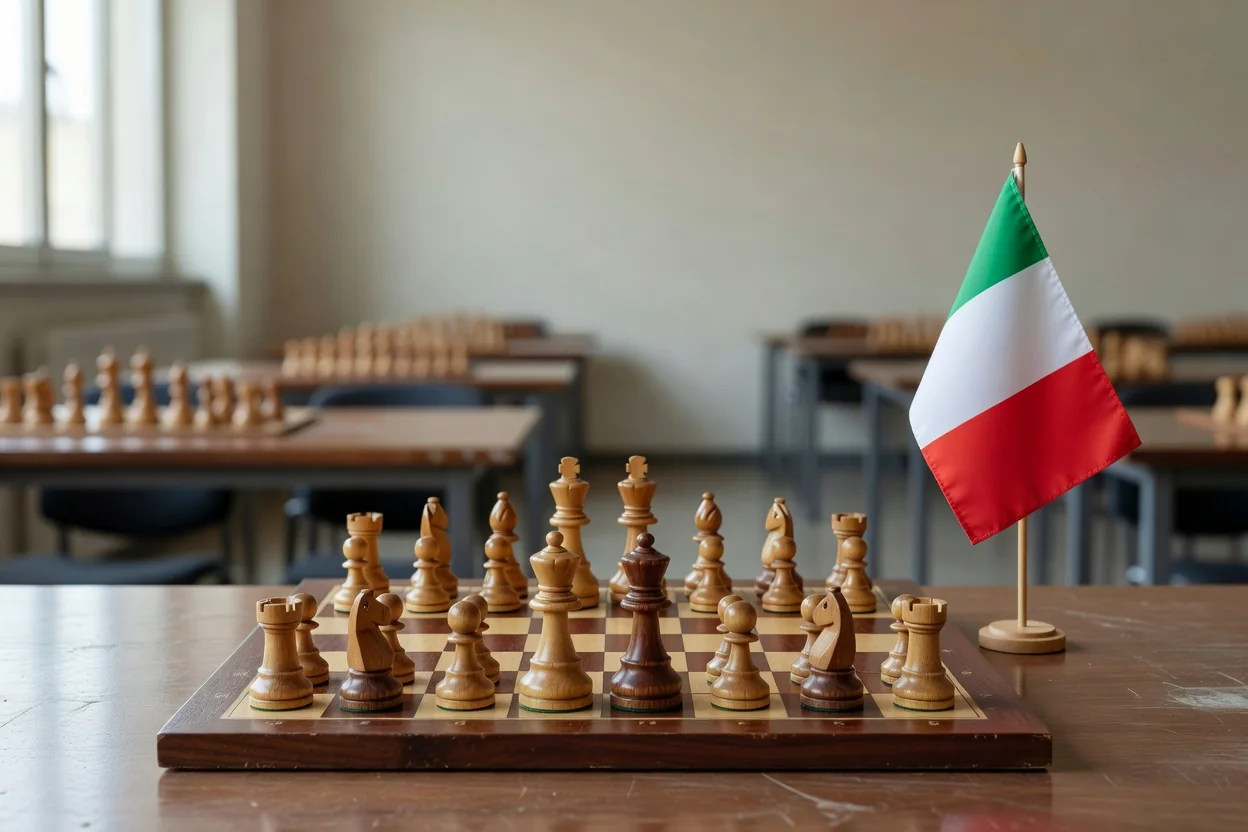 Scacchiera in legno con piccola bandierina italiana accanto, sala da torneo vuota sullo sfondo