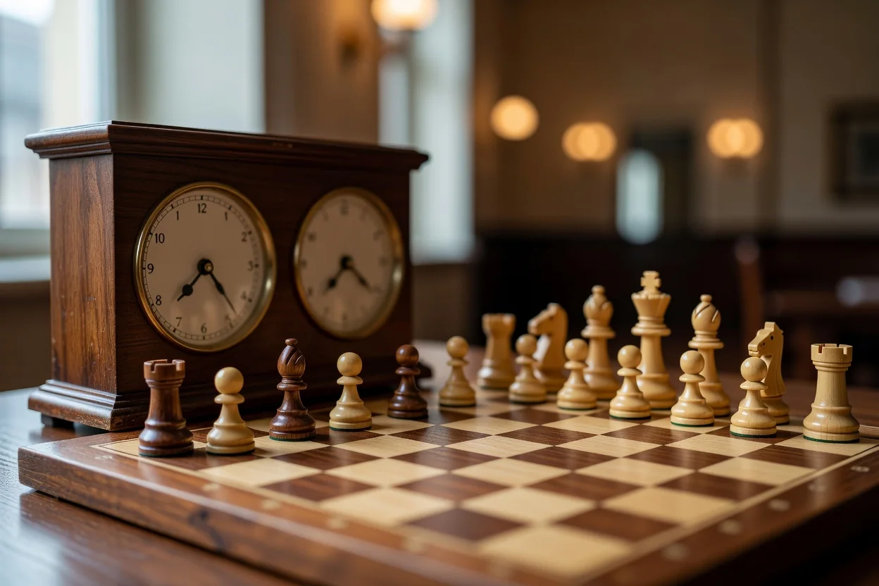 Orologio da scacchi in legno e scacchiera con pezzi in posizione, sala torneo con luci calde sullo sfondo