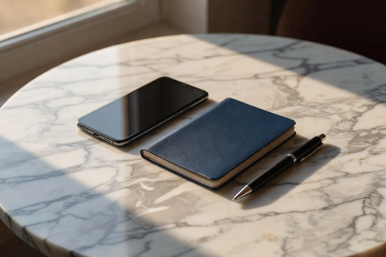 Smartphone e carta d'identità sul tavolo accanto a una penna, pronto per aprire un conto