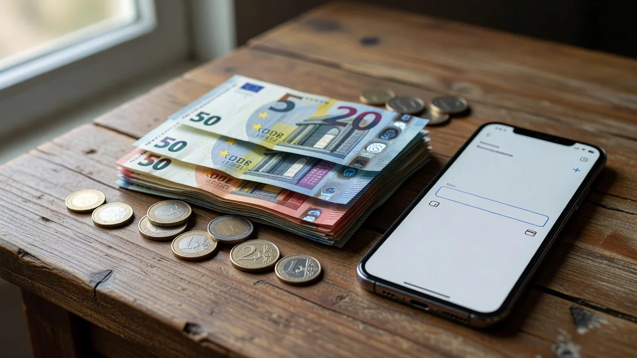 Euro in banconote e telefono con schermata di app di pagamento sul tavolo di legno