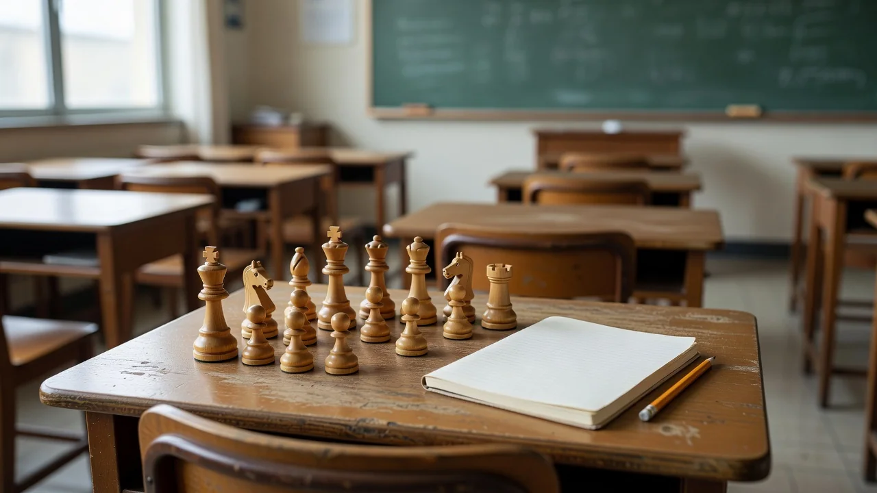 Scacchiera con pezzi in legno su un banco di scuola vuoto, quaderno e matita accanto, luce diurna