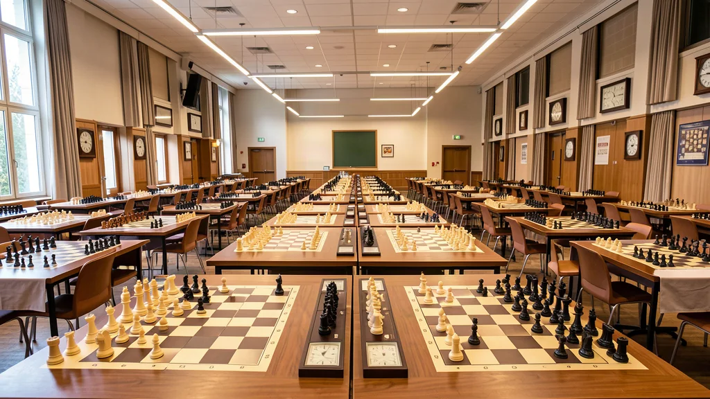 Sala torneo di scacchi con file di tavoli e scacchiere